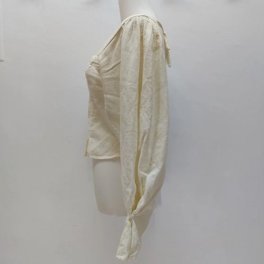 Free People Blouse Women's Small Cream Corset Button Front Puff Sleeve Tie Back